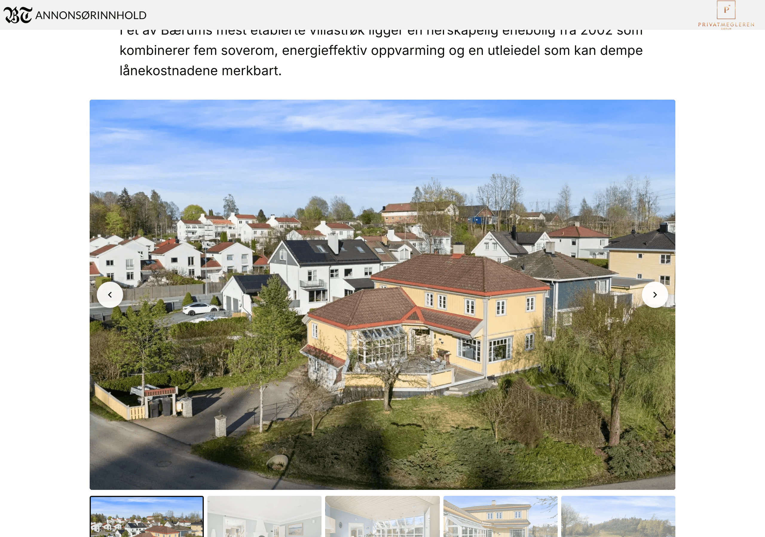 Skjermbilde av en boligsak om en arkitekttegnet enebolig på Jar, publisert i Aftenposten.