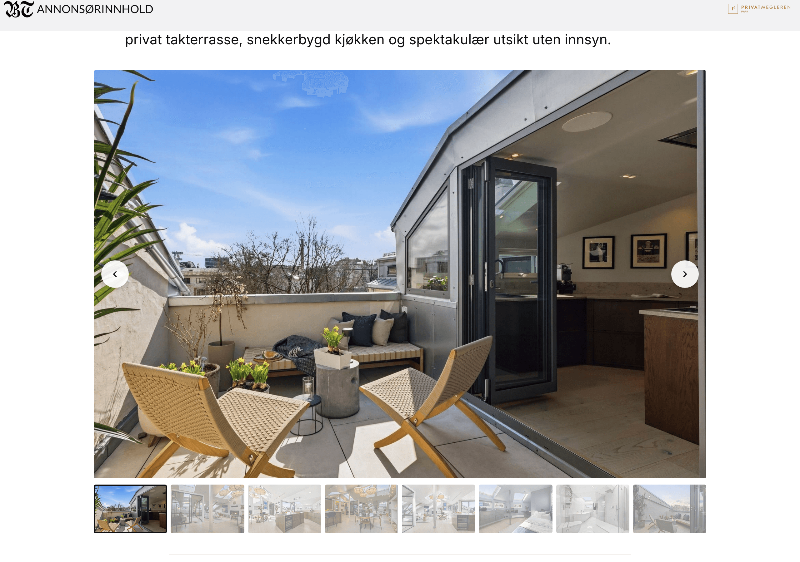 Skjermbilde av en boligsak om en toppleilighet med takterrasse på Uranienborg, publisert i Aftenposten.
